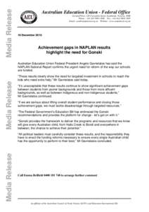 Media Release  Australian Education Union - Federal Office Ground Floor, 120 Clarendon Street, Southbank, Victoria, 3006 Phone : +[removed] Fax : +[removed] Email : [removed] Website : www.aeu