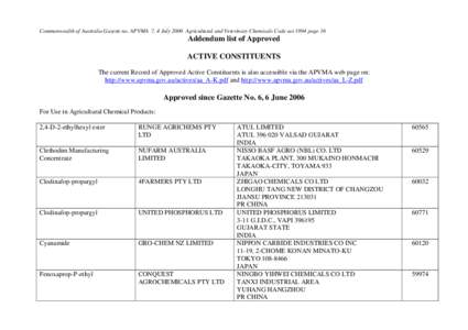 Commonwealth of Australia Gazette no. APVMA 7, 4 July 2006 Agricultural and Veterinary Chemicals Code act 1994 page 16  Addendum list of Approved ACTIVE CONSTITUENTS The current Record of Approved Active Constituents is 