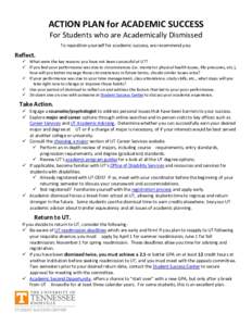 ACTION PLAN for ACADEMIC SUCCESS For Students who are Academically Dismissed To reposition yourself for academic success, we recommend you: Reflect.  What were the key reasons you have not been successful at UT?  