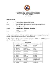 HEADQUARTERS PHILIPPINE COAST GUARD (Punonghimpilan Tanod Baybayin ng Pilipinas) 139 25th St., Port Area 1018 Manila  MEMORANDUM