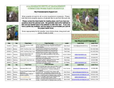 2014 MASSACHUSETTS AT MANAGEMENT COMMITTEE WORK PARTY SCHEDULE http://massatprojects.blogspot.com Work projects are open to all--no prior experience is necessary. Please note that some projects require a moderate hike to