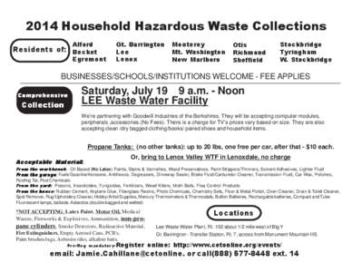 2014 Household Hazardous Waste Collections Alford Residents of: Becket Egremont