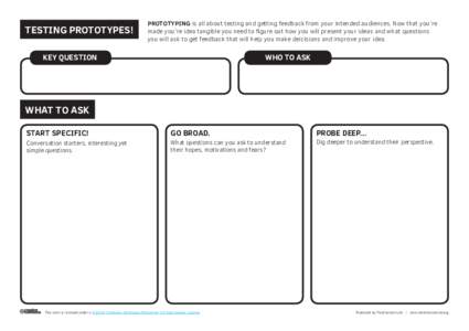 TESTING PROTOTYPES!  PROTOTYPING is all about testing and getting feedback from your intended audiences. Now that you’re made you’re idea tangible you need to ﬁgure out how you will present your ideas and what ques