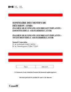 Sommaire de motifs de décision Inamed Silicone-Filled Breast Implants: Smooth Shell with Barrier Layer, Textured Shell with Barrier Layer