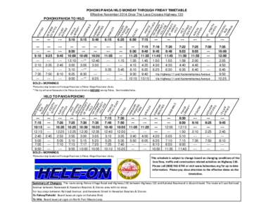 POHOIKI/PAHOA/HILO MONDAY THROUGH FRIDAY TIMETABLE Effective November 2014 Once The Lava Crosses Highway 130 ---  ---