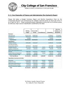 City College of San Francisco 50 PHELAN AVENUE • SAN FRANCISCO, CA 94112 • ([removed]IV. C. Vice Chancellor of Finance and Administration Ron Gerhard’s Report: Please find below a Budget Summary Report and Mon