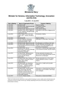 Ministerial Diary1 Minister for Science, Information Technology, Innovation and the Arts 1 July 2013 – 31 July 2013 Date of Meeting 1 July 2013