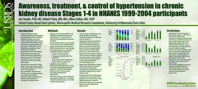 Awareness, treatment, & control of hypertension in chronic kidney disease Stages 1-4 in NHANES[removed]participants Jon Snyder, PhD, MS, Robert Foley, MB, MSc, Allan Collins, MD, FACP United States Renal Data System, M