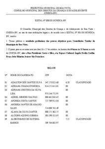 PREFEITURA MUNICIPAL DE BOA VISTA CONSELHO MUNICIPAL DOS DIREITOS DA CRIANÇA E DO ADOLESCENTE (CMDCA-BV) EDITAL Nº [removed]CMDCA-BV  O Conselho Municipal dos Direitos da Criança e do Adolescente de Boa Vista –