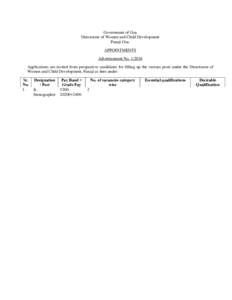 Government of Goa Directorate of Women and Child Development Panaji Goa. APPOINTMENTS Advertisement NoApplications are invited from prospective candidates for filling up the various posts under the Directorate o