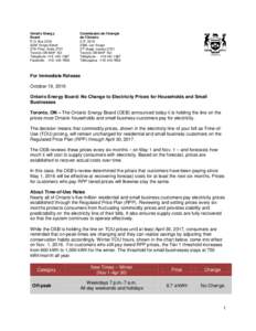 News Release - No Change to Electricity Prices for Households and Small Businesses (Oct 19, 2016)