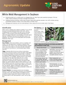 White Mold Management in Soybean  Sclerotinia stem rot, or white mold, is a disease that can infect high yield potential soybeans; it thrives under moist conditions and below average temperatures.  Additional