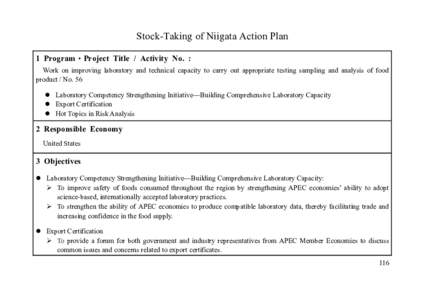 Stock-Taking of Niigata Action Plan 1 Program・Project Title / Activity No. : Work on improving laboratory and technical capacity to carry out appropriate testing sampling and analysis of food product / No. 56  Labor