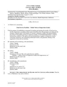 CITY OF BALTIMORE COUNCIL BILL[removed]First Reader) Introduced by: Councilmember Scott, President Young, Councilmembers Kraft, Curran, Henry, Spector, Middleton, Mosby, Holton, Welch, Reisinger, Cole, Stokes, Branch, C