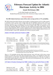 February Forecast Update for Atlantic Hurricane Activity in 2004 Issued: 5th February 2004 by Drs Mark Saunders and Adam Lea Benfield Hazard Research Centre, UCL (University College London), UK