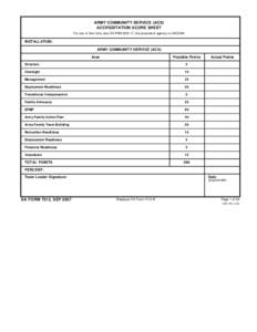 ARMY COMMUNITY SERVICE (ACS) ACCREDITATION SCORE SHEET For use of this form, see DA PAM[removed]; the proponent agency is OACSIM. INSTALLATION: ARMY COMMUNITY SERVICE (ACS)