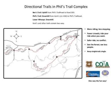    Directional	
  Trails	
  in	
  Phil’s	
  Trail	
  Complex	
   Ben’s	
  Trail:	
  Uphill	
  from	
  Phil’s	
  Trailhead	
  to	
  Road	
  300.	
   Phil’s	
  Trail:	
  Downhill	
  from	
  Kent