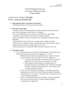 August 2008 University Writing Center Central Washington University Assessment of Student Learning Program Report