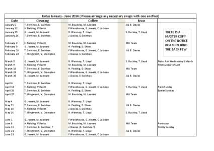 Date  Rotas January - June[removed]Please arrange any necessary swaps with one another) Cleaning Coffee Brass