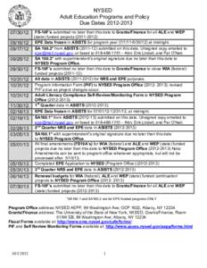 NYSED  Adult Education Programs and Policy  Due Dates 2012­2013  FS­10F’s submitted no later than this date to Grants/Finance for all ALE and WEP  (state) funded projects (2011­2012)  09/1