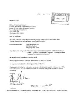 January 15,2002 Office of Nutritional Products Labeling and Dietary Supplements (HFS[removed]Center for Food Safety & Applied Nutrition Food and Drug Administration 200 C Street SW