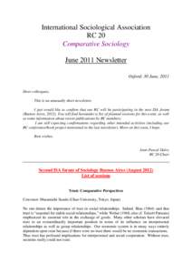 International Sociological Association RC 20 Comparative Sociology June 2011 Newsletter Oxford: 30 June, 2011