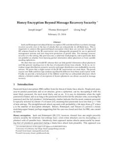 Honey Encryption Beyond Message Recovery Security ∗ Joseph Jaeger† Thomas Ristenpart‡  Qiang Tang§
