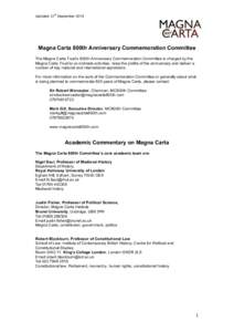 st  Updated: 21 September 2014 Magna Carta 800th Anniversary Commemoration Committee The Magna Carta Trust’s 800th Anniversary Commemoration Committee is charged by the