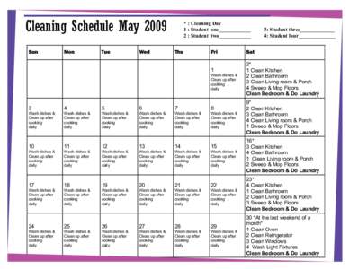 Cleaning Schedule May 2009 Sun Mon  Tue