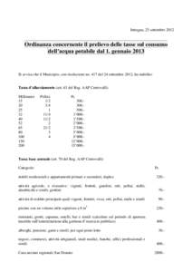 Intragna, 25 settembreOrdinanza concernente il prelievo delle tasse sul consumo dell’acqua potabile dal 1. gennaioSi avvisa che il Municipio, con risoluzione no. 417 del 24 settembre 2012, ha stabilito: