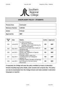 CUR/002  Issue No: 008 Disciplinary Policy - Students