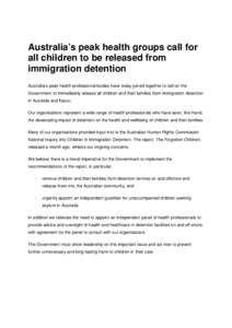 Australia’s peak health groups call for all children to be released from immigration detention