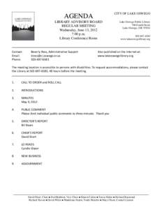 CITY OF LAKE OSWEGO  AGENDA LIBRARY ADVISORY BOARD REGULAR MEETING Wednesday, June 13, 2012