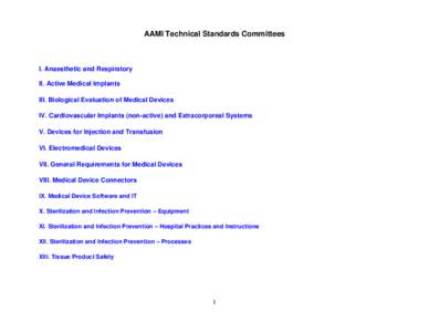 AAMI Technical Standards Committees  I. Anaesthetic and Respiratory II. Active Medical Implants III. Biological Evaluation of Medical Devices IV. Cardiovascular Implants (non-active) and Extracorporeal Systems