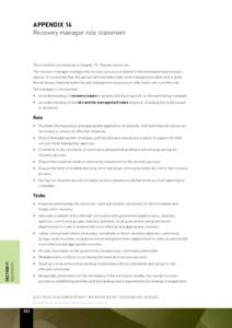 Appendix 14 Recovery manager role statement This checklist corresponds to Chapter 15, ‘Human resources’. The recovery manager manages the recovery process on behalf of the nominated lead recovery agency. It is essent