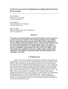 CONTENT ANALYSIS OF UNDERGRADUATE RESEARCH STUDENT EVALUATIONS Christine Ward Department of Psychology University of Delaware Joan S. Bennett