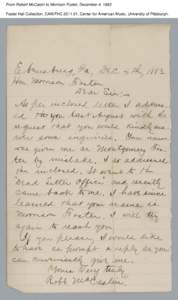 From Robert McCaslin to Morrison Foster, December 4, 1883 Foster Hall Collection, CAM.FHC[removed], Center for American Music, University of Pittsburgh. 