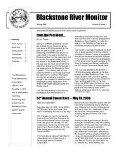 Blackstone River Monitor Spring 2006 Volume 6, Issue 1  Newsletter of the Blackstone River Watershed Association
