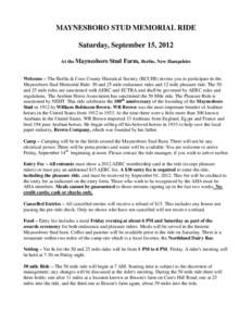 MAYNESBORO STUD MEMORIAL RIDE Saturday, September 15, 2012 At the Maynesboro Stud Farm, Berlin, New Hampshire