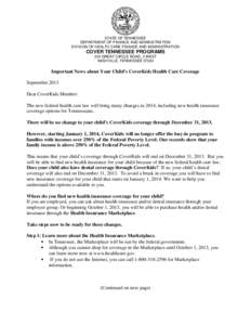 STATE OF TENNESSEE DEPARTMENT OF FINANCE AND ADMINISTRATION DIVISION OF HEALTH CARE FINANCE AND ADMINISTRATION COVER TENNESSEE PROGRAMS 310 GREAT CIRCLE ROAD, 2 WEST