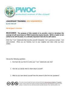 LEADERSHIP TRAINING: SELF-AWARENESS by Kim Worrell Participant’s Version  RELEVANCE: