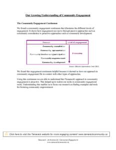 Our Growing Understanding of Community Engagement The Community Engagement Continuum We found a community engagement continuum that illustrates the different levels of engagement. It shows how engagement can move through