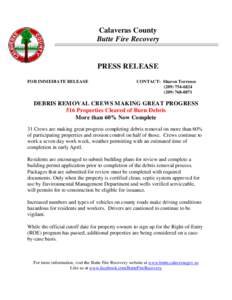 Calaveras County Butte Fire Recovery PRESS RELEASE FOR IMMEDIATE RELEASE