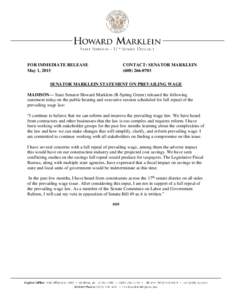 FOR IMMEDIATE RELEASE May 1, 2015 CONTACT: SENATOR MARKLEIN