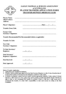 GAELIC FOOTBALL & HURLING ASSOCIATION of AUSTRALASIA PLAYER TRANSFER APPLICATION FORM TRANSFERS BETWEEN BRISBANE CLUBS Players Name: