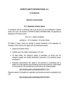 ESPIRITO SANTO INTERNATIONAL S.A. in insolvency Receivers’ announcement  N°5 : Depositary of bearer shares