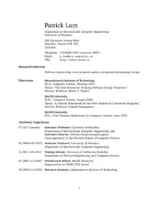 Patrick Lam Department of Electrical and Computer Engineering University of Waterloo 200 University Avenue West Waterloo, Ontario N2L 3G1 CANADA