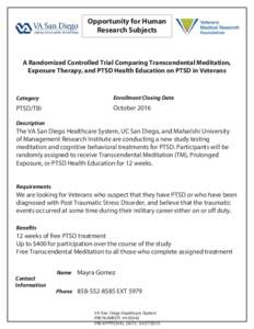 Opportunity for Human Research Subjects A Randomized Controlled Trial Comparing Transcendental Meditation, Exposure Therapy, and PTSD Health Education on PTSD in Veterans