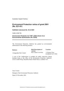 Australian Capital Territory  Environment Protection notice of grant[removed]No. E21-01) Notifiable instrument No. 56 of 2001 made under the
