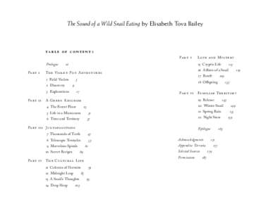 The Sound of a Wild Snail Eating by Elisabeth Tova Bailey  TABLE OF CONTENTS Pa rt v Prologue